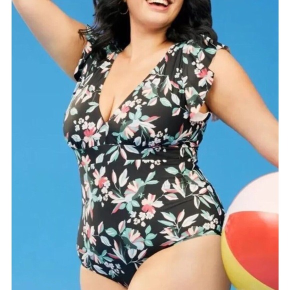 NEW MODCLOTH The Kelsie One Piece Swimsuit Floral Bathing Suit Black Teal 2X - Picture 2 of 11